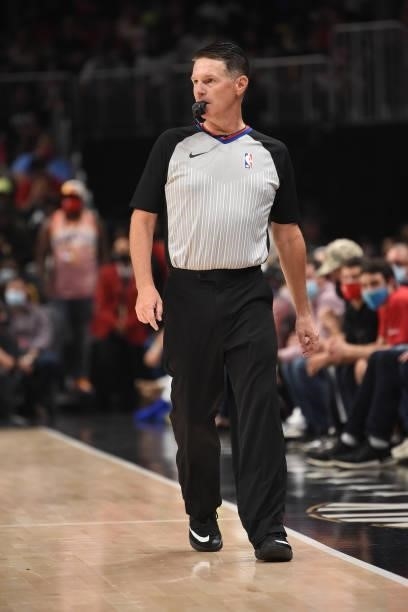 Referee Pat Fraher looks on during Round 2, Game 6 of the Eastern Conference Playoffs on June 18, 2021 at State Farm Arena in Atlanta, Georgia. NOTE...