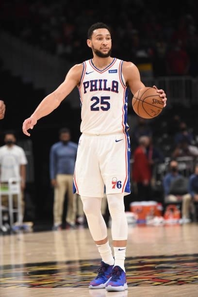 Ben Simmons of the Philadelphia 76ers handles the ball against the Atlanta Hawks during Round 2, Game 6 of the Eastern Conference Playoffs on June...