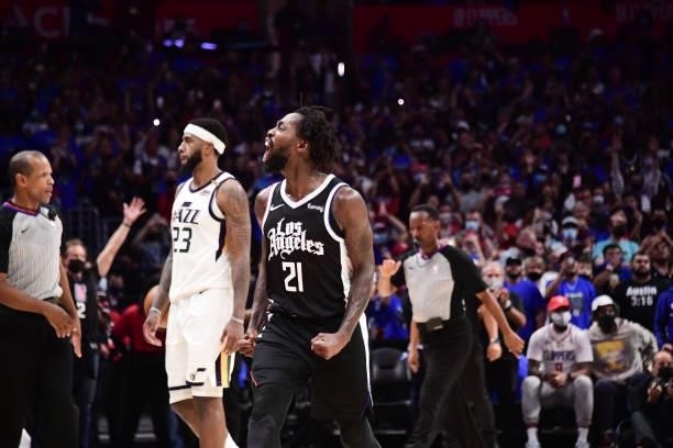 Patrick Beverley of the LA Clippers yells after the game against the Utah Jazz during Round 2, Game 6 of the 2021 NBA Playoffs on June 18, 2021 at...