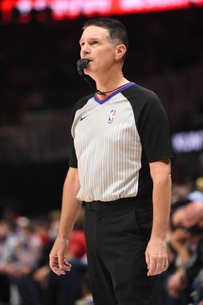 Referee Pat Fraher looks on during Round 2, Game 6 of the Eastern Conference Playoffs on June 18, 2021 at State Farm Arena in Atlanta, Georgia. NOTE...