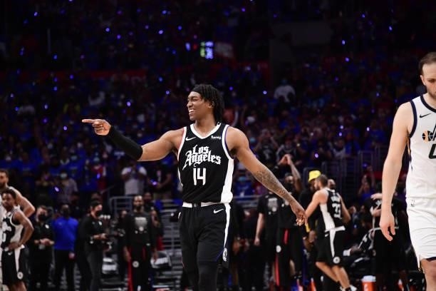 Terance Mann of the LA Clippers smiles during the game against the Utah Jazz during Round 2, Game 6 of the 2021 NBA Playoffs on June 18, 2021 at...