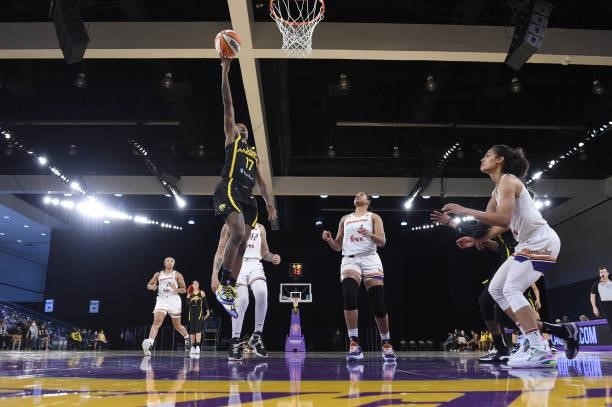 Erica Wheeler of the Los Angeles Sparks drives to the basket against the Phoenix Mercury on June 18, 2021 at the Los Angeles Convention Center in Los...