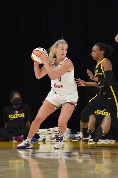 Sophie Cunningham of the Phoenix Mercury handles the ball against the Los Angeles Sparks on June 18, 2021 at the Los Angeles Convention Center in Los...