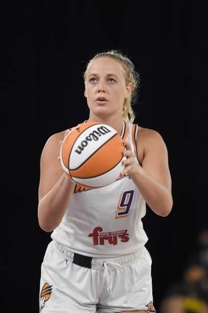 Sophie Cunningham of the Phoenix Mercury looks to shoot a free throw against the Los Angeles Sparks on June 18, 2021 at the Los Angeles Convention...