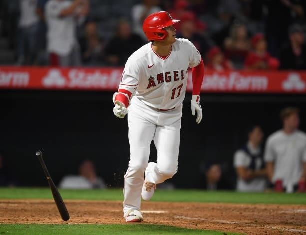 Shohei Ohtani of the Los Angeles Angels hits his second home run of the game, a solo shot in the eighth against the Detroit Tigers at Angel Stadium...