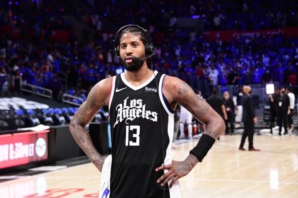 Paul George of the LA Clippers talks to the media after the game against the Utah Jazz during Round 2, Game 6 of the 2021 NBA Playoffs on June 18,...