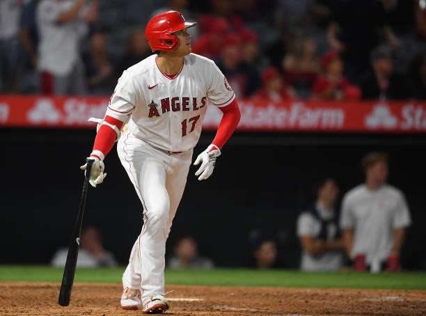 Shohei Ohtani of the Los Angeles Angels hits his second home run of the game, a solo shot in the eighth against the Detroit Tigers at Angel Stadium...