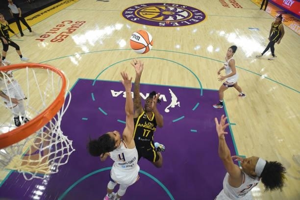 Erica Wheeler of the Los Angeles Sparks shoots the ball against the Phoenix Mercury on June 18, 2021 at the Los Angeles Convention Center in Los...