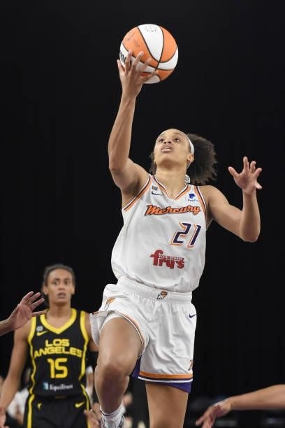 Brianna Turner of the Phoenix Mercury drives to the basket against the Los Angeles Sparks on June 18, 2021 at the Los Angeles Convention Center in...