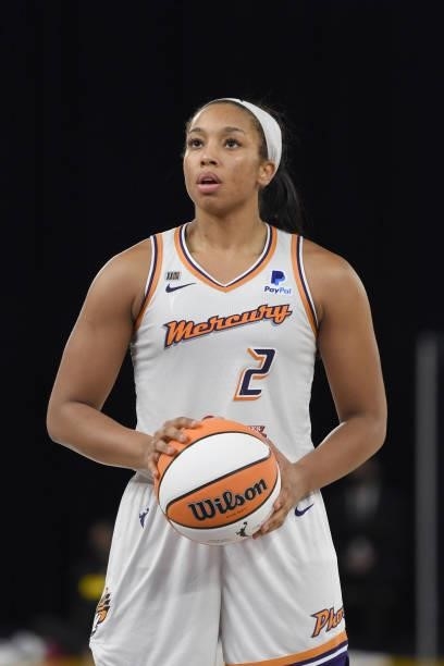 Megan Walker of the Phoenix Mercury looks to shoot a free throw against the Los Angeles Sparks on June 18, 2021 at the Los Angeles Convention Center...