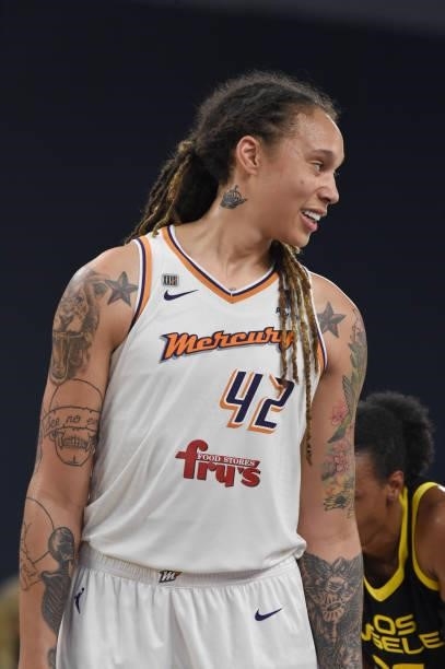 Brittney Griner of the Phoenix Mercury smiles during the game against the Los Angeles Sparks on June 18, 2021 at the Los Angeles Convention Center in...