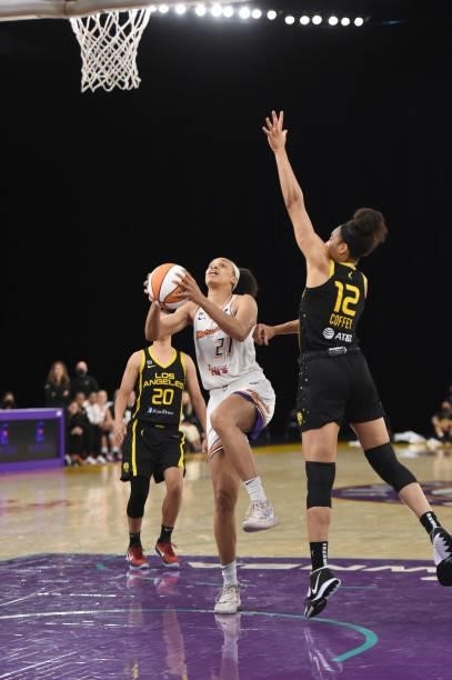 Brianna Turner of the Phoenix Mercury drives to the basket against the Los Angeles Sparks on June 18, 2021 at the Los Angeles Convention Center in...