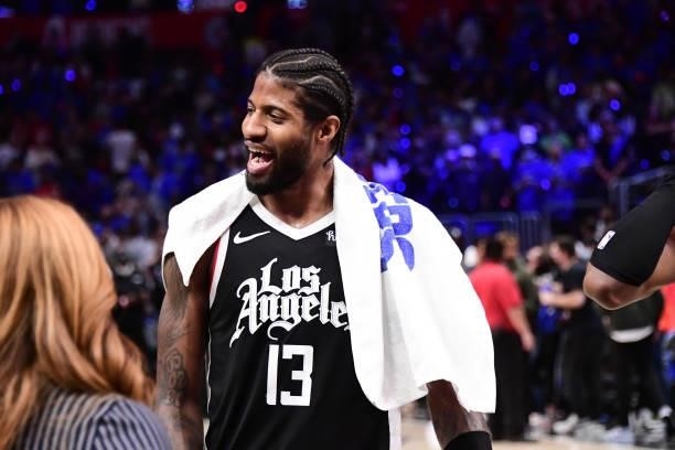 Paul George of the LA Clippers smiles after the game against the Utah Jazz during Round 2, Game 6 of the 2021 NBA Playoffs on June 18, 2021 at...