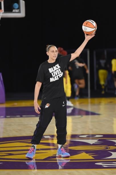 Diana Taurasi of the Phoenix Mercury handles the ball before the game against the Los Angeles Sparks on June 18, 2021 at the Los Angeles Convention...