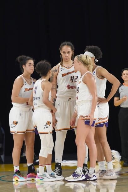 The Phoenix Mercury huddle up during the game against the Los Angeles Sparks on June 18, 2021 at the Los Angeles Convention Center in Los Angeles,...