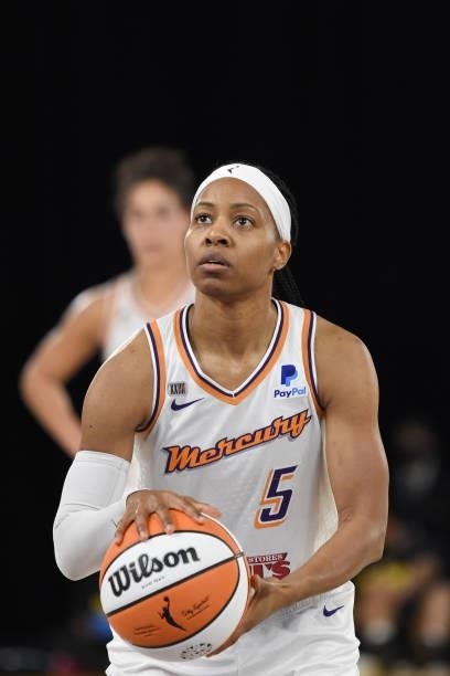 Shey Peddy of the Phoenix Mercury looks to shoot a free throw against the Los Angeles Sparks on June 18, 2021 at the Los Angeles Convention Center in...