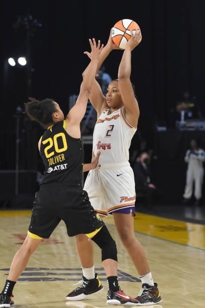 Megan Walker of the Phoenix Mercury handles the ball against Kristi Toliver of the Los Angeles Sparks on June 18, 2021 at the Los Angeles Convention...