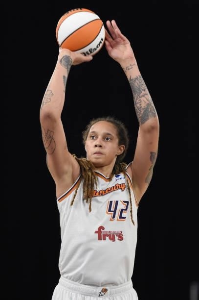 Brittney Griner of the Phoenix Mercury shoots a free throw against the Los Angeles Sparks on June 18, 2021 at the Los Angeles Convention Center in...