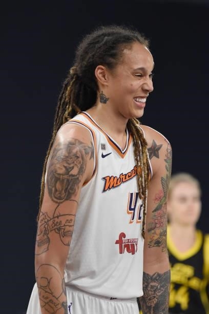 Brittney Griner of the Phoenix Mercury smiles during the game against the Los Angeles Sparks on June 18, 2021 at the Los Angeles Convention Center in...