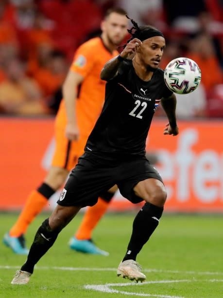 Valentino Lazaro of Austria during the EURO match between Holland v Austria at the Johan Cruijff Arena on June 17, 2021 in Amsterdam Netherlands