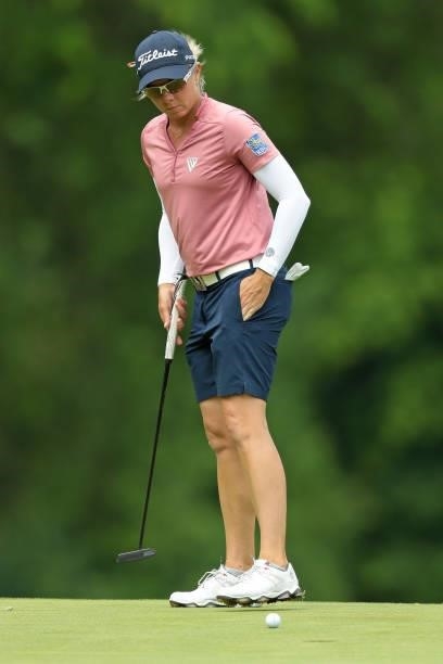Alena Sharp of Canada preppers for her fairway shot on the 16th hole during the second round of the Meijer LPGA Classic for Simply Give golf...