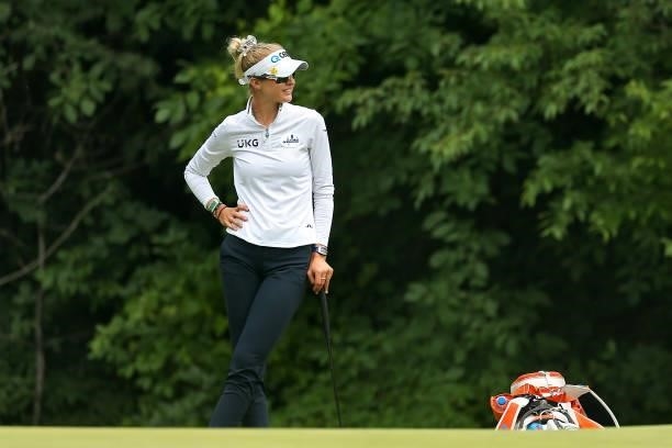 Nelly Korda of Bradenton, Florida waits her turn to putt on the 6th green during the second round of the Meijer LPGA Classic golf tournament at...