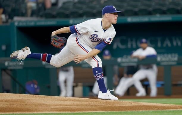 Kolby Allard of the Texas Rangers delivers a pitch against the Minnesota Twins during the first inning at Globe Life Field on June 19, 2021 in...