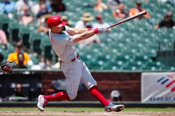 Rhys Hoskins of the Philadelphia Phillies hits a two run home run during the game between the Philadelphia Phillies and the San Francisco Giants at...