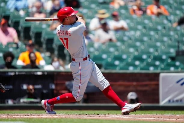 Rhys Hoskins of the Philadelphia Phillies hits a two run home run during the game between the Philadelphia Phillies and the San Francisco Giants at...