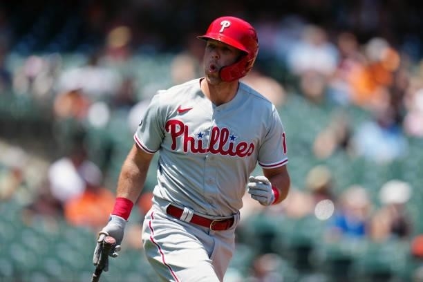 Rhys Hoskins of the Philadelphia Phillies reacts after hitting a two run home run during the game between the Philadelphia Phillies and the San...