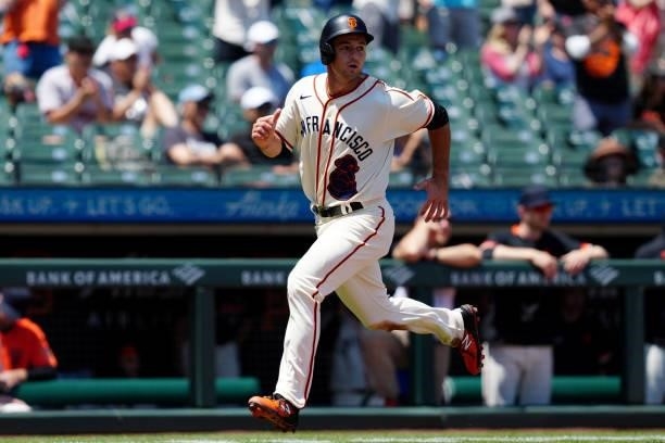 Jason Vosler of the San Francisco Giants scores during the game between the Philadelphia Phillies and the San Francisco Giants at Oracle Park on...