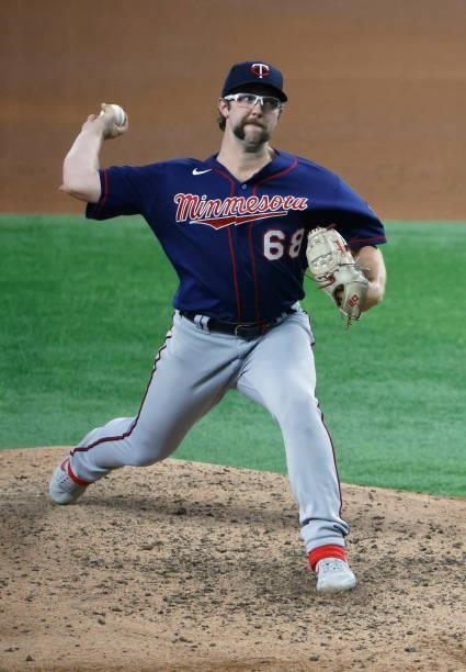Randy Dobnak of the Minnesota Twins pitches against the Texas Rangers during the fourth inning at Globe Life Field on June 19, 2021 in Arlington,...