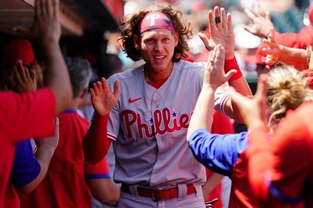 Alec Bohm of the Philadelphia Phillies celebrates in the dugout during the game between the Philadelphia Phillies and the San Francisco Giants at...