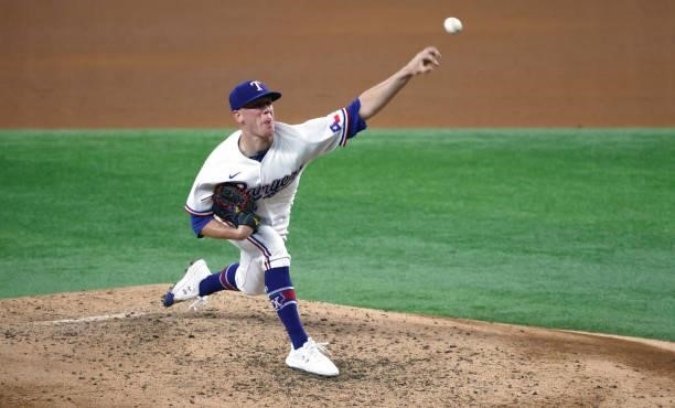Kolby Allard of the Texas Rangers pitches against the Minnesota Twins during the fourth inning at Globe Life Field on June 19, 2021 in Arlington,...
