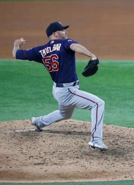 Caleb Thielbar of the Minnesota Twins pitches against the Texas Rangers during the seventh inning at Globe Life Field on June 19, 2021 in Arlington,...