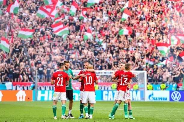 Endre BOTKA of Hungary, Tamas CSERI of Hungary and Andras SCHAFER of Hungary during the UEFA European Championship football match between Hungary and...