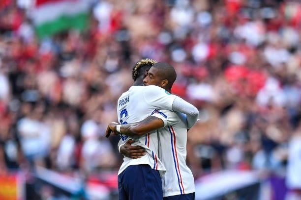 Paul POGBA of France and Presnel KIMPEMBE of France prior to the UEFA European Championship football match between Hungary and France at Ferenc...