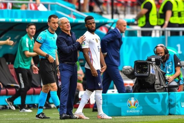 Didier DESCHAMPS head coach of France and Thomas LEMAR of France during the UEFA European Championship football match between Hungary and France at...