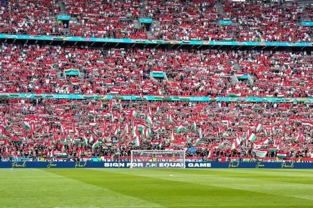 Hungaryan fans in their stands prior to the UEFA European Championship football match between Hungary and France at Ferenc Puskas on June 19, 2021 in...