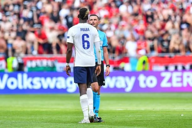 Paul POGBA of France argues with the referee during the UEFA European Championship football match between Hungary and France at Ferenc Puskas on June...