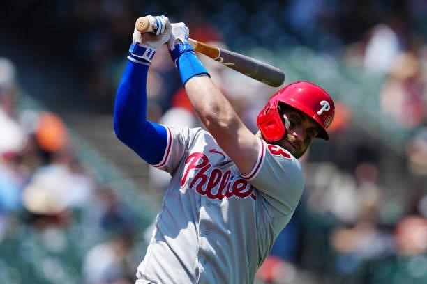 Bryce Harper of the Philadelphia Phillies prepares to bat during the game between the Philadelphia Phillies and the San Francisco Giants at Oracle...