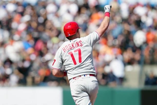 Rhys Hoskins of the Philadelphia Phillies celebrates after hitting a home run during the game between the Philadelphia Phillies and the San Francisco...