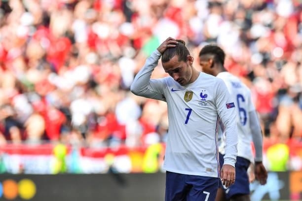 Antoine GRIEZMANN of France looks dejected during the UEFA European Championship football match between Hungary and France at Ferenc Puskas on June...