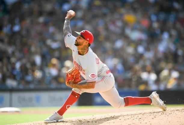 Vladimir Gutierrez of the Cincinnati Reds pitches during the first inning of a baseball game against the San Diego Padres at Petco Park on June 19,...