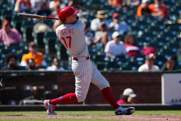 Rhys Hoskins of the Philadelphia Phillies bats during the game between the Philadelphia Phillies and the San Francisco Giants at Oracle Park on...