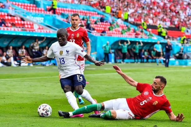 Golo KANTE of France and Attila FIOLA of Hungary during the UEFA European Championship football match between Hungary and France at Ferenc Puskas on...