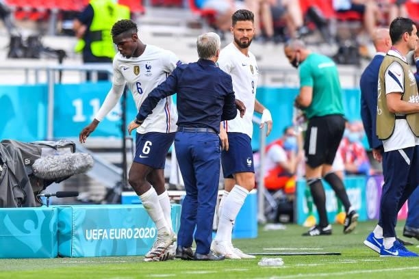 Paul POGBA of France, Didier DESCHAMPS head coach of France and Olivier GIROUD of France during the UEFA European Championship football match between...