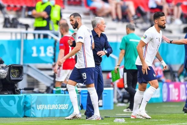 Karim BENZEMA of France, Didier DESCHAMPS head coach of France and Olivier GIROUD of France during the UEFA European Championship football match...