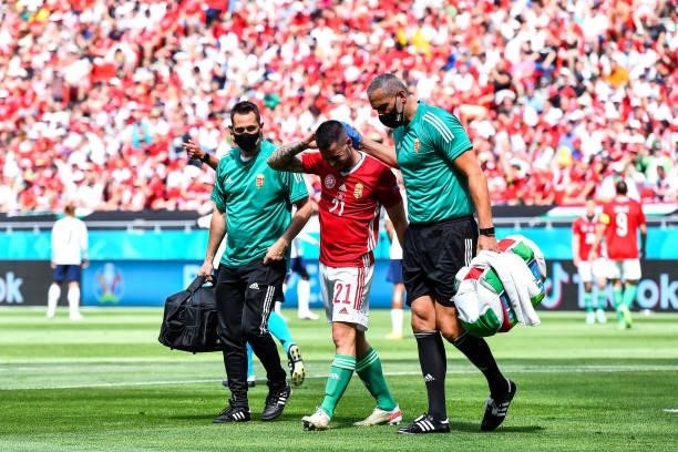 Endre BOTKA of Hungary leaves the pitch injured during the UEFA European Championship football match between Hungary and France at Ferenc Puskas on...