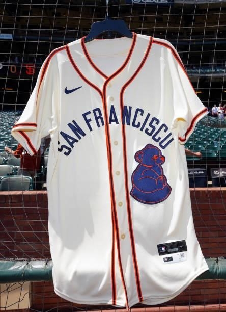 Detail view of the San Francisco Sea Lions jersey worn by members of the San Francisco Giants in honor of Juneteenth before the game between the...